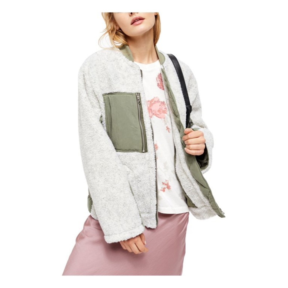 FREE PEOPLE Green and beige bomber coat